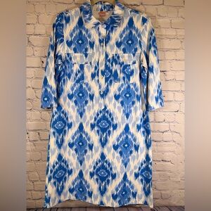 Tuckernuck Persifor Winpenny Cream Blue Ikat Preppy Vacation Coastal Dress M